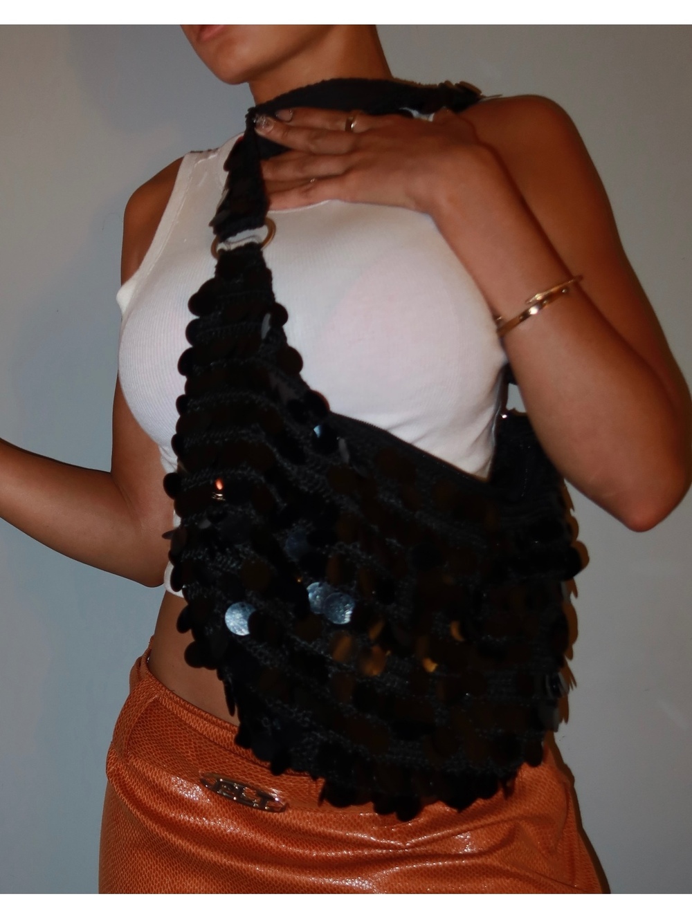 Y2K Black Crochet Sequin Shoulder Bag